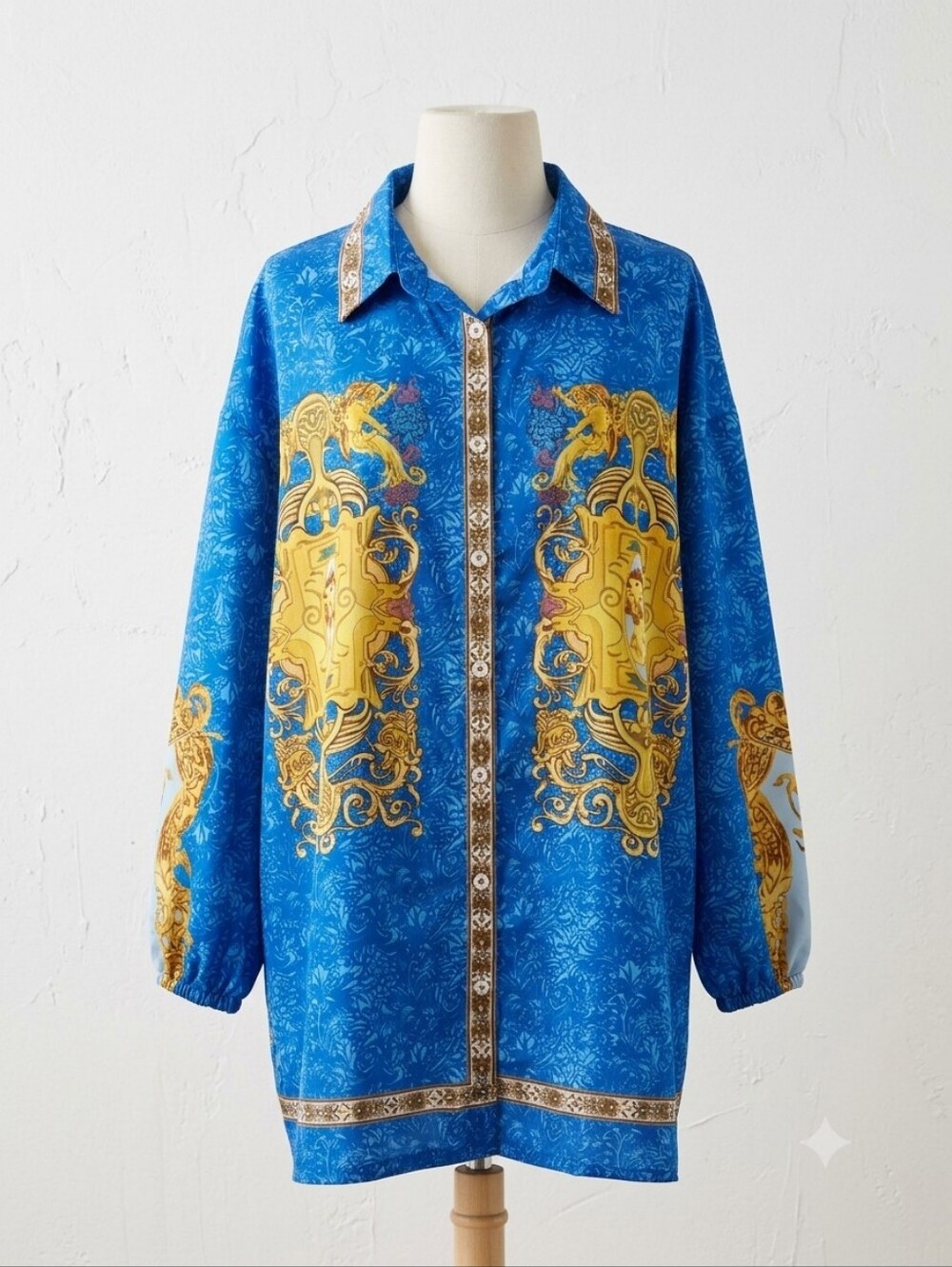 Blue & Gold Baroque Print Oversized Shirt, Size 1X